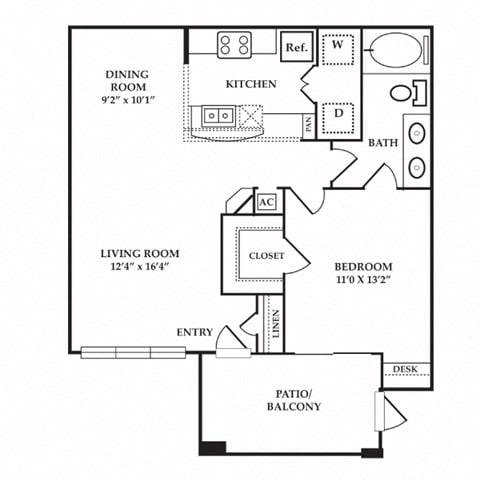 Floor plan for 1 bed, 1 bath, 824 sqft